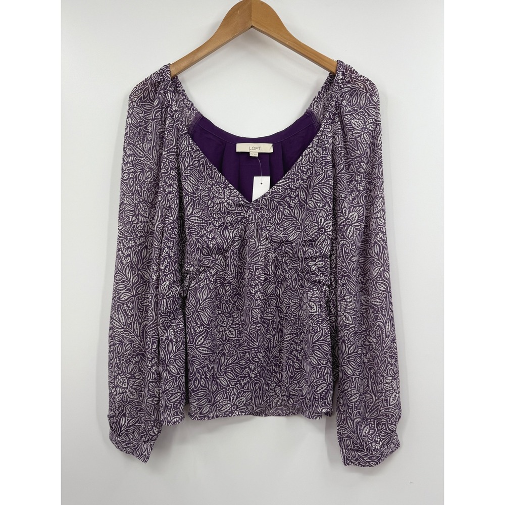 LOFT Purple White Floral Print V Neck Long‎ Sleeve Blouse Top XL